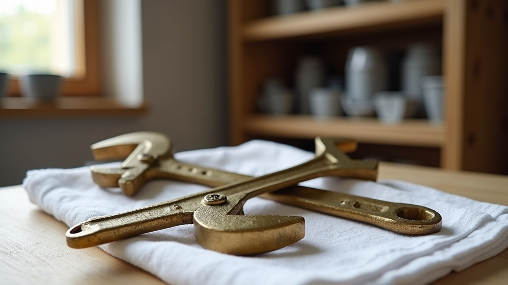 Atelier de plomberie avec tuyaux, clés et outils de bricolage posés sur un établi