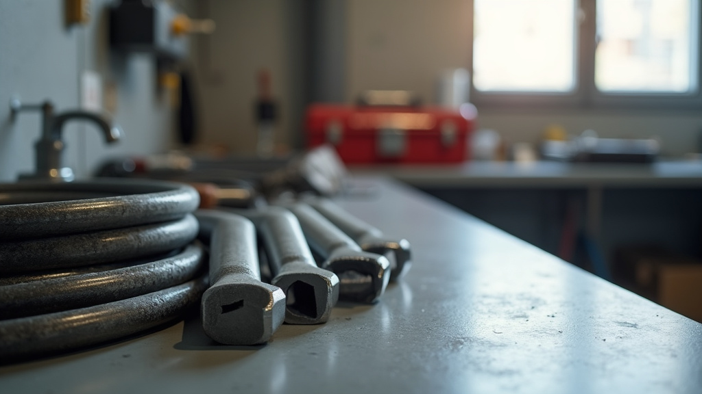 Vue d'ensemble d'un chantier maison avec outils de plomberie et de bricolage posés sur un établi